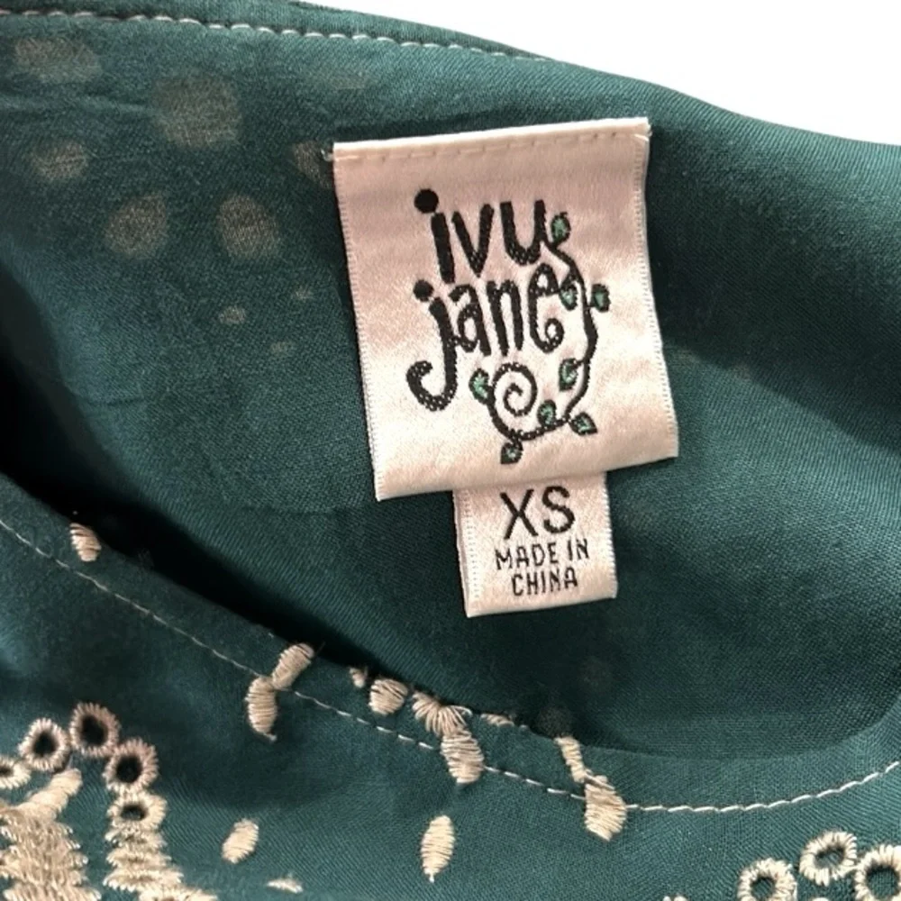 Ivy Jane Boho Embroidered Eyelet Detail 3/4 Sleeve Dress Emerald Green Size XS - Picture 3 of 8